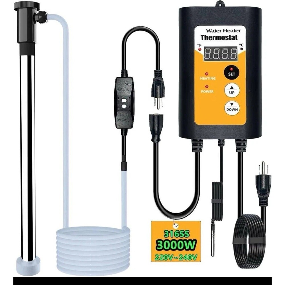 3000W 240V 15A Immersion Water Heater w/Thermostat & GFCI for Pools 118' Cord